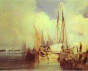 French River Scene with Fishing Boats - 理查德·帕克斯·伯宁顿